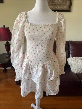 Lait Collection White Pink Heart Print Smocked Mini Dress Cottagecore Coquette
